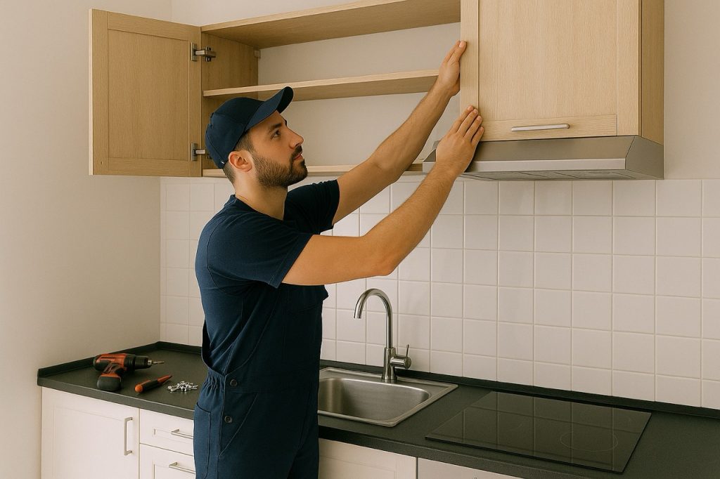 Monteur installiert einen Hängeschrank über einer Küchenspüle – professionelle Küchenmontage vor Ort