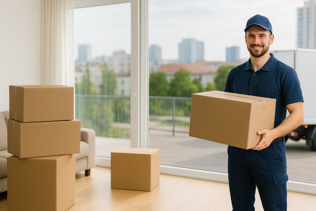 Ein Umzugshelfer trägt Kisten voller Sachen ins neue Zuhause – professioneller Privatumzug.