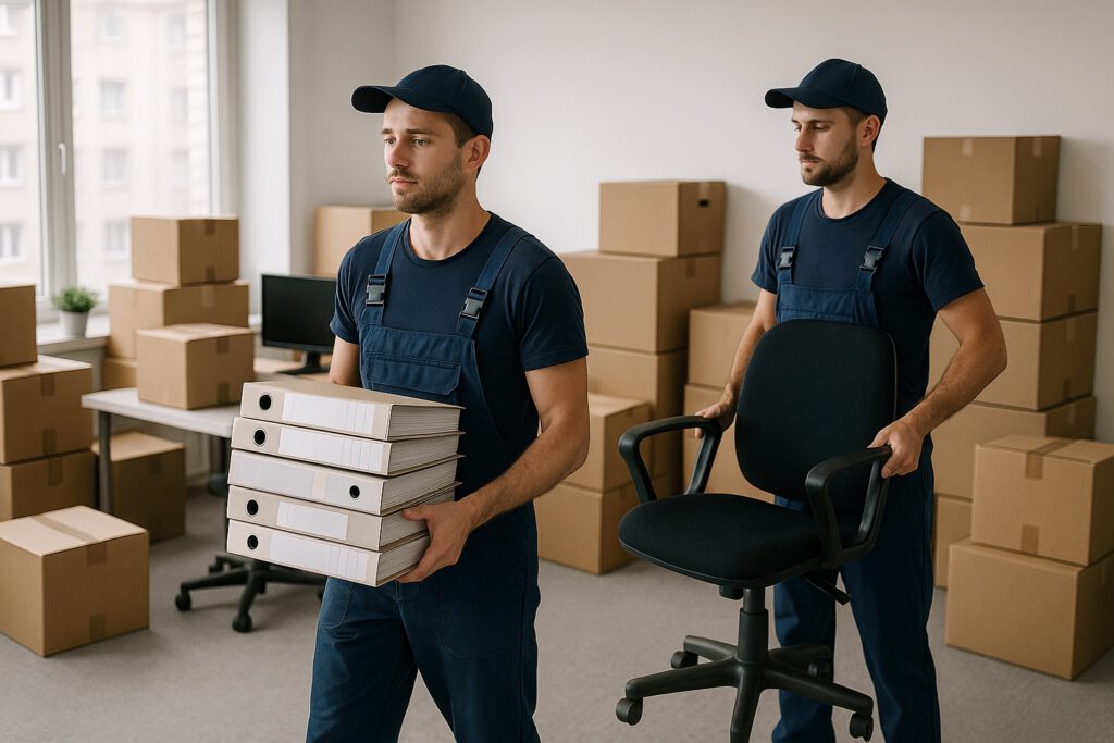 Mitarbeiter tragen Bürostühle und Ordner aus Büro – Firmenumzug effizient organisiert