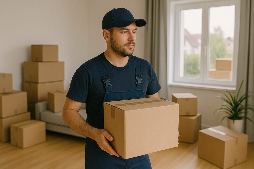 Umzugshelfer trägt Umzugskarton aus Wohnung – Privatumzug mit professioneller Hilfe